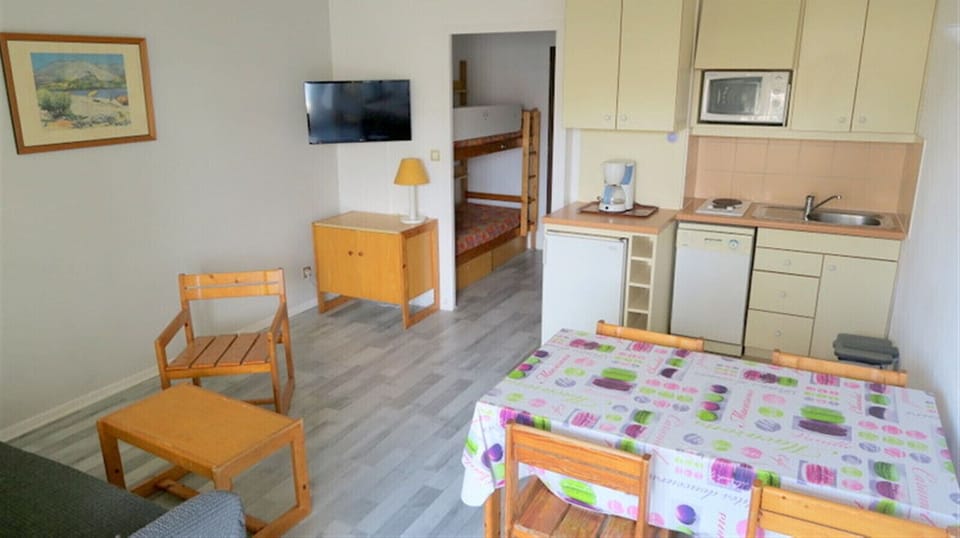 The main living room in a standard studio with kitchen area