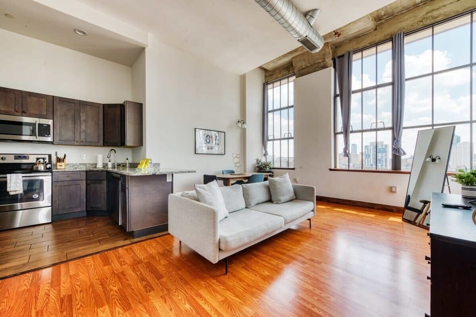 Spacious living room and view on the city
