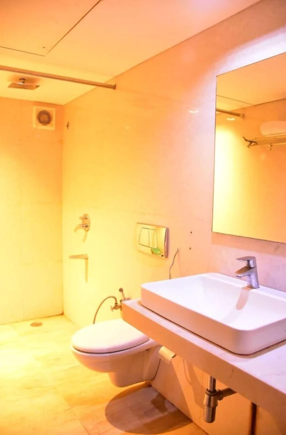 Shower, free toiletries, slippers, towels