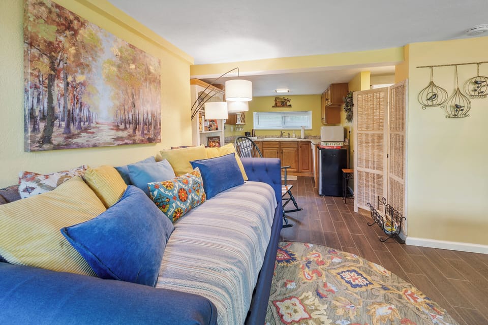 twin daybed in family room on lower level