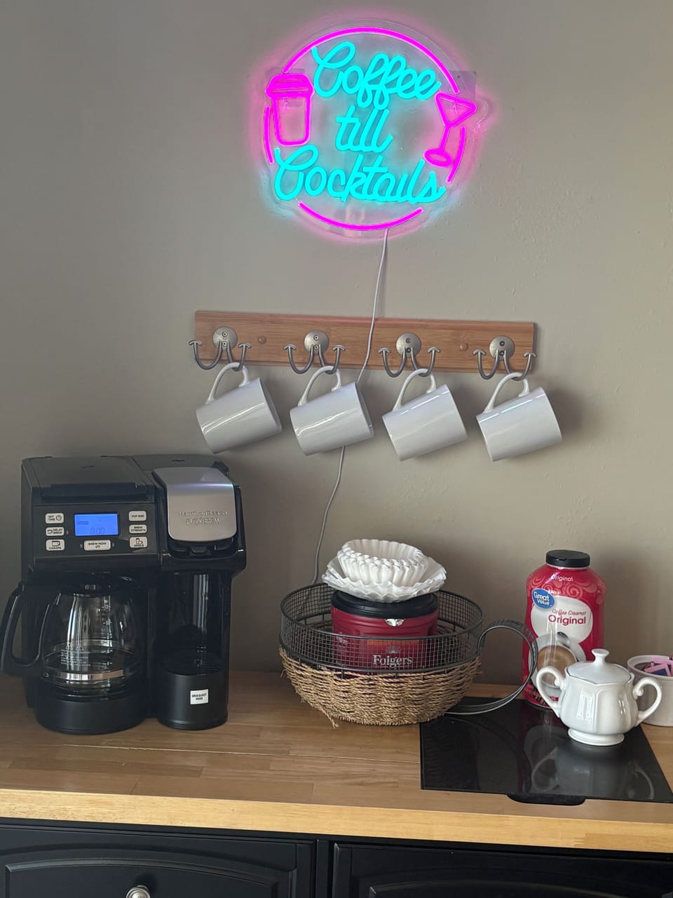 Coffee bar (both pot and keurig) including coffee basics.