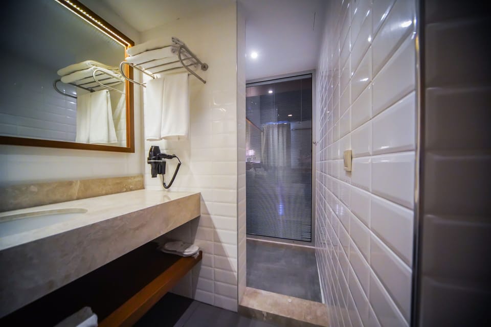Shower, free toiletries, hair dryer, slippers