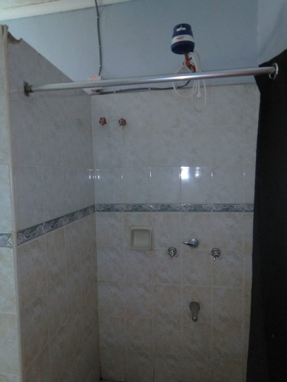 Shower, towels, soap, toilet paper