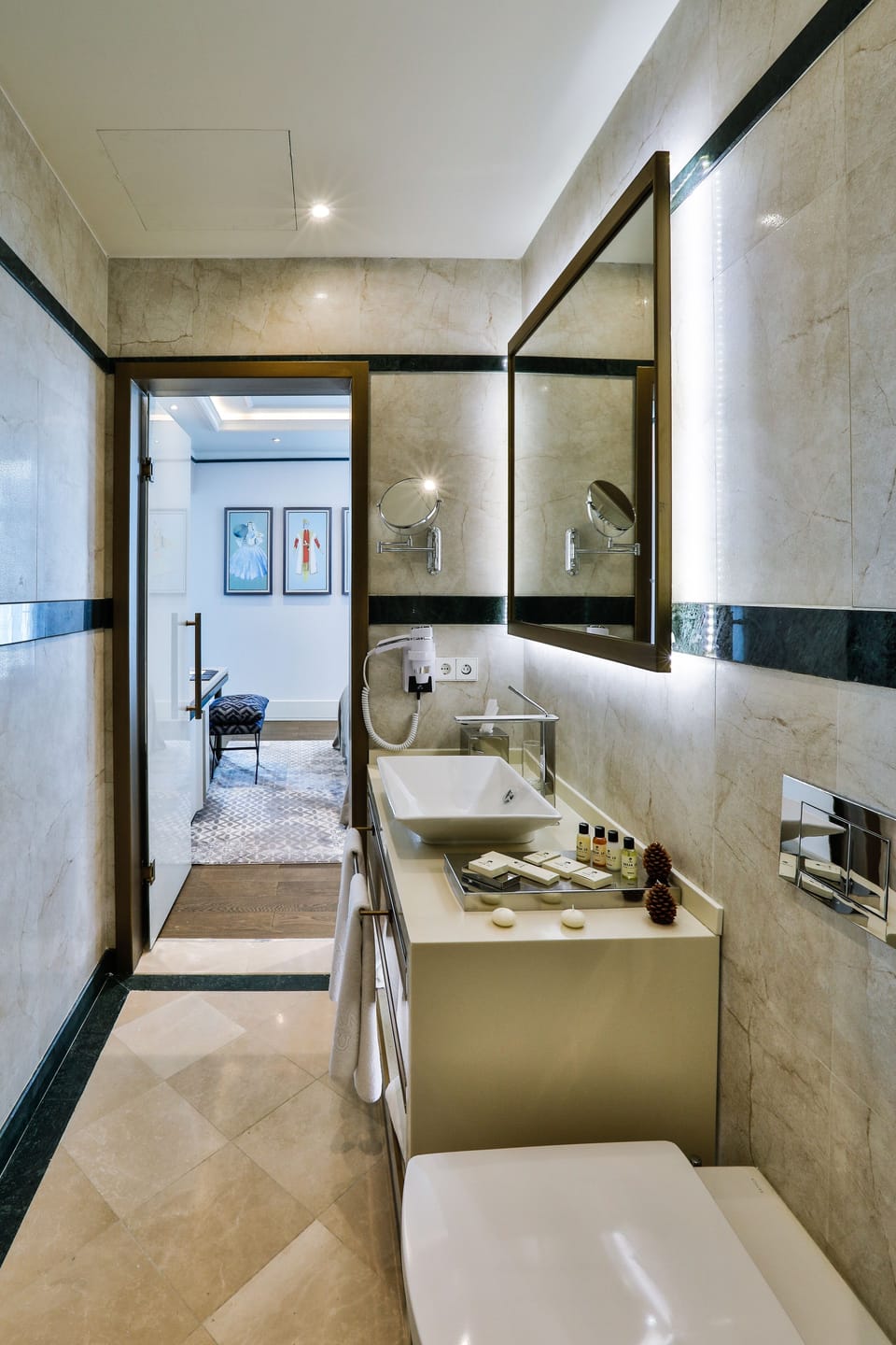 Shower, rainfall showerhead, designer toiletries, hair dryer