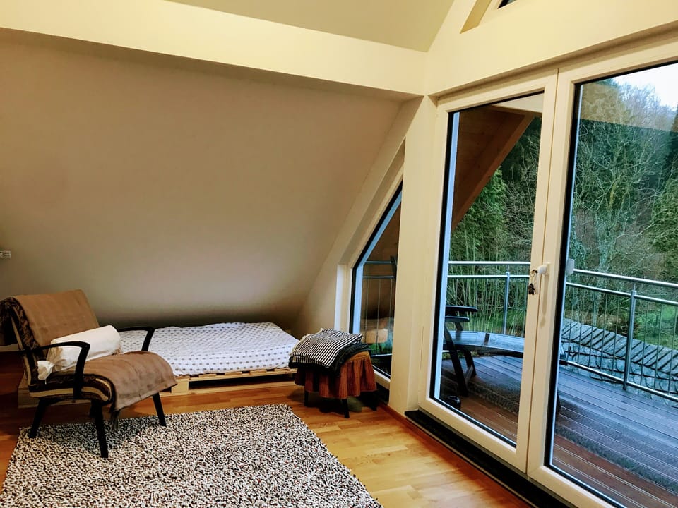 Sun room with low-profile single platform bed and a large balcony 