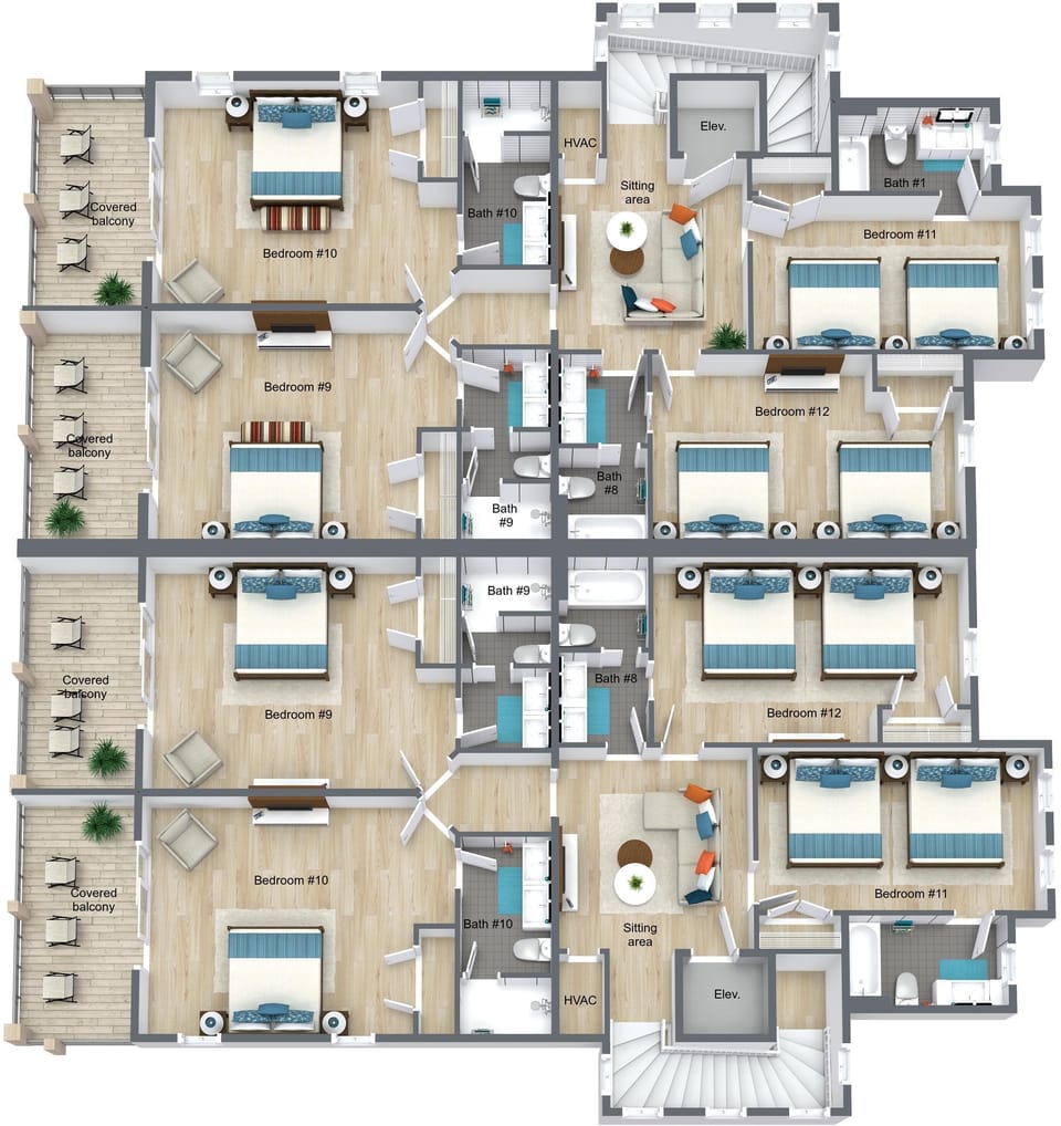 3rd Floor (Bdrm 11 has 2 sets of queen over queen bunks- sleeps up to  8).