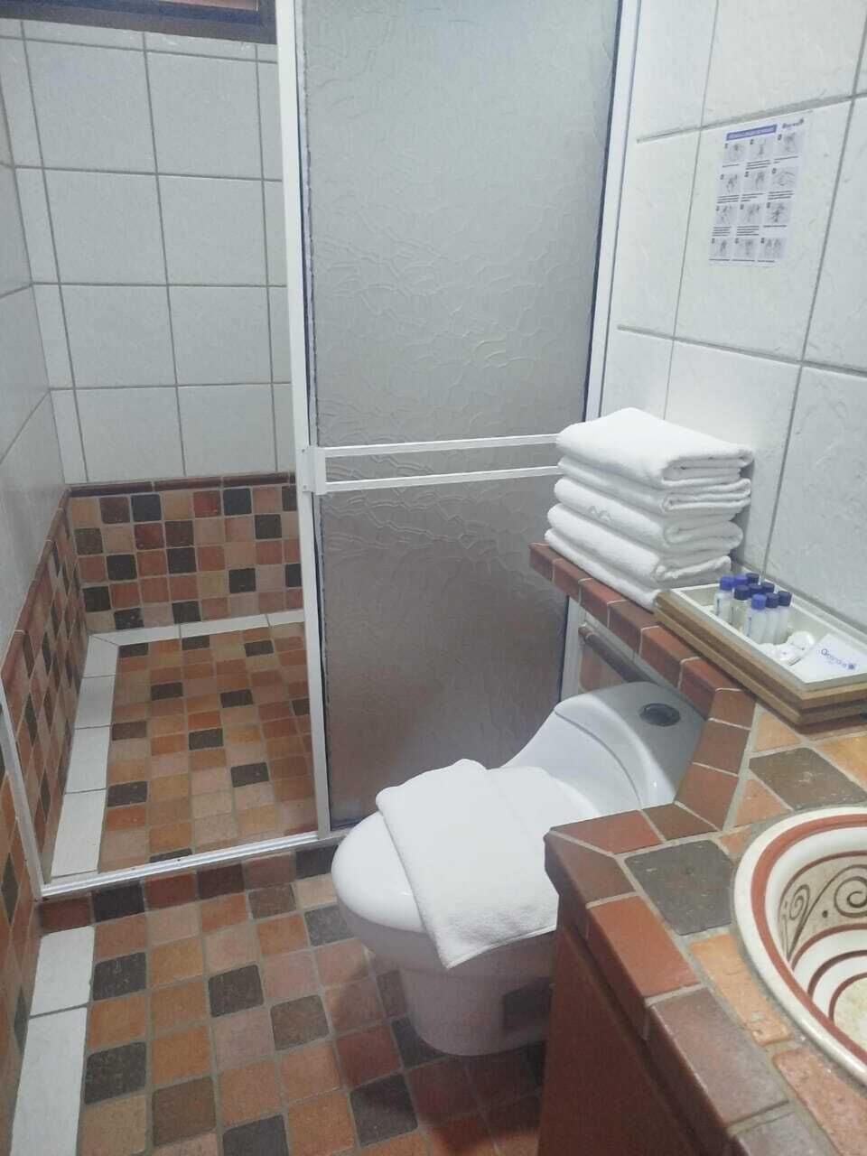Shower, free toiletries, hair dryer, soap