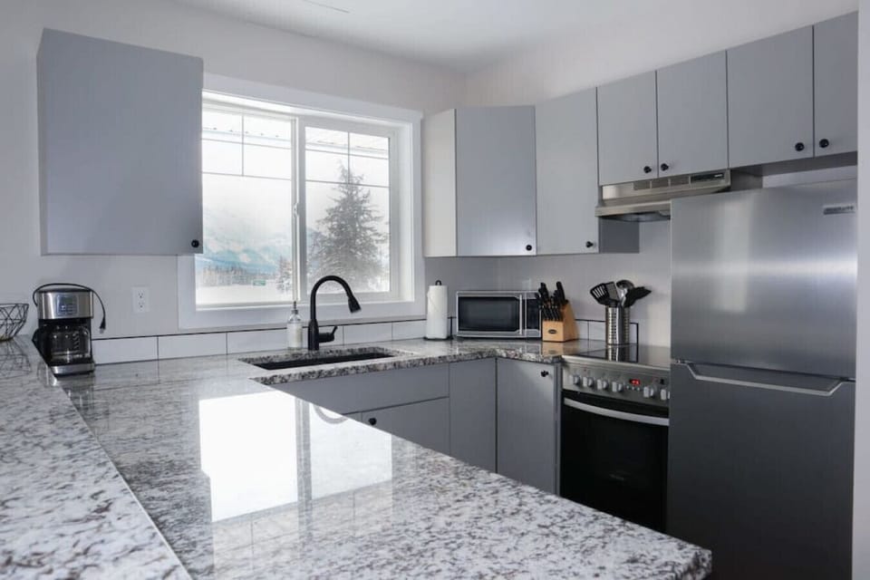 The fully equipped kitchen with stainless steel appliances.