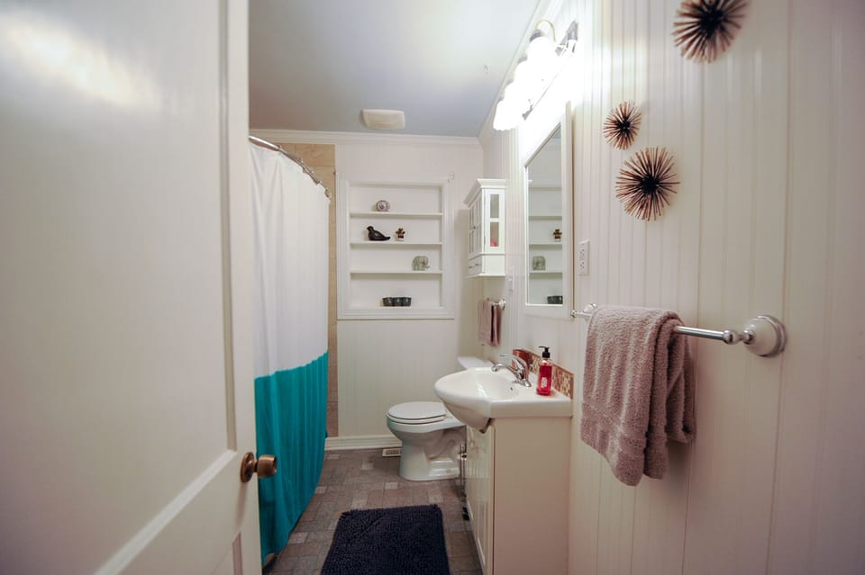 The full bath complete with combo shower/tub and linen closet.
