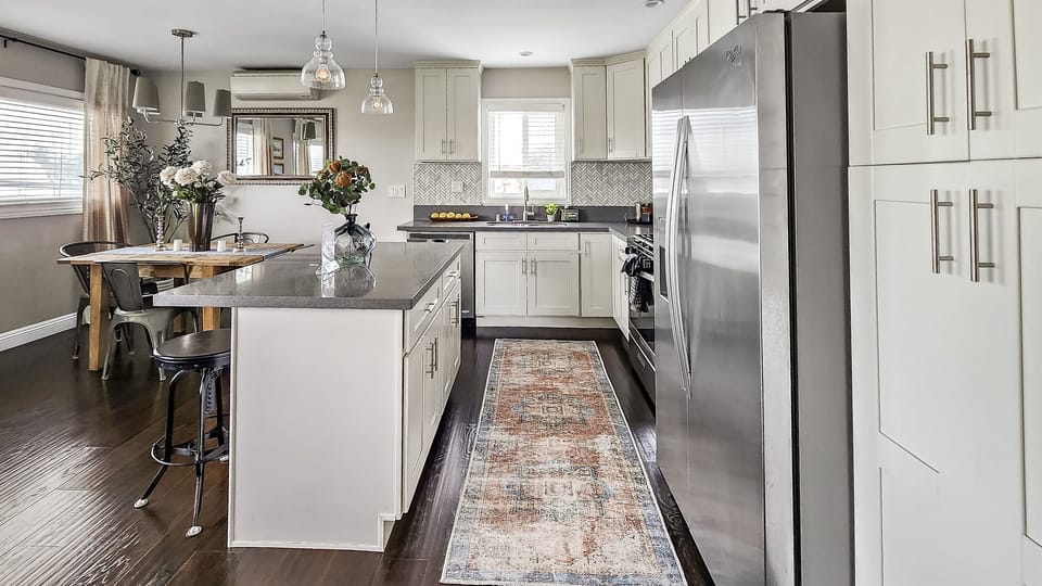 Chefs kitchen with gas stove and island. Fully stocked with all the necessary cookware and utensils. Also complimentary coffee, with sugar and creamer. French press plus drip coffee machine.