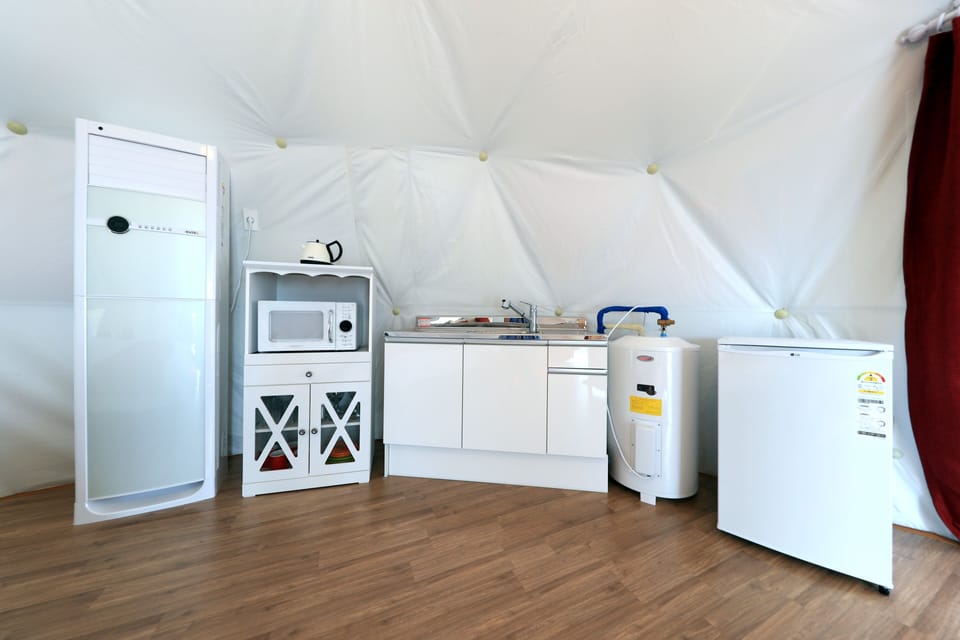 Fridge, microwave, electric kettle, toaster