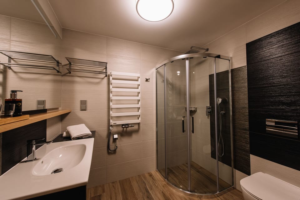 Hair dryer, towels, soap, shampoo