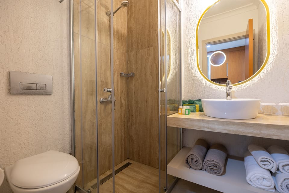 Shower, free toiletries, hair dryer, towels