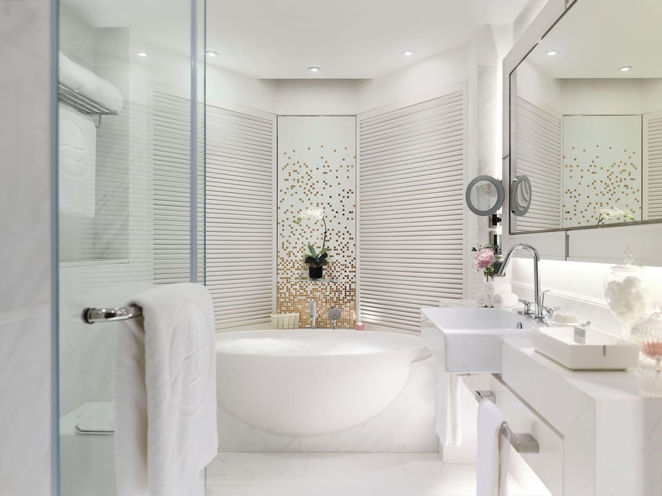 Separate tub and shower, free toiletries, hair dryer, bathrobes