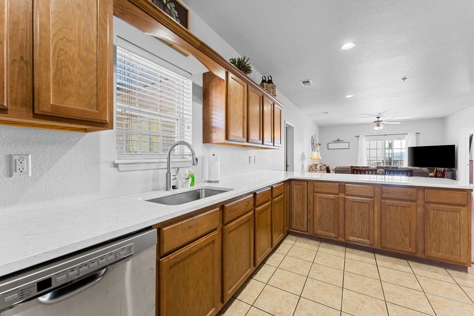 The kitchen offers a large cooking space.