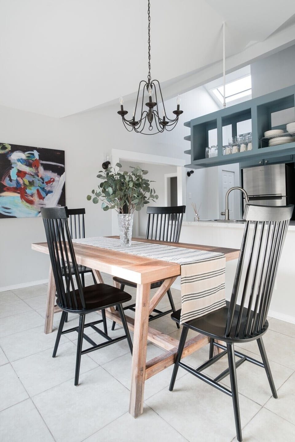 Farmhouse table and chairs.  Enjoy dinner here.