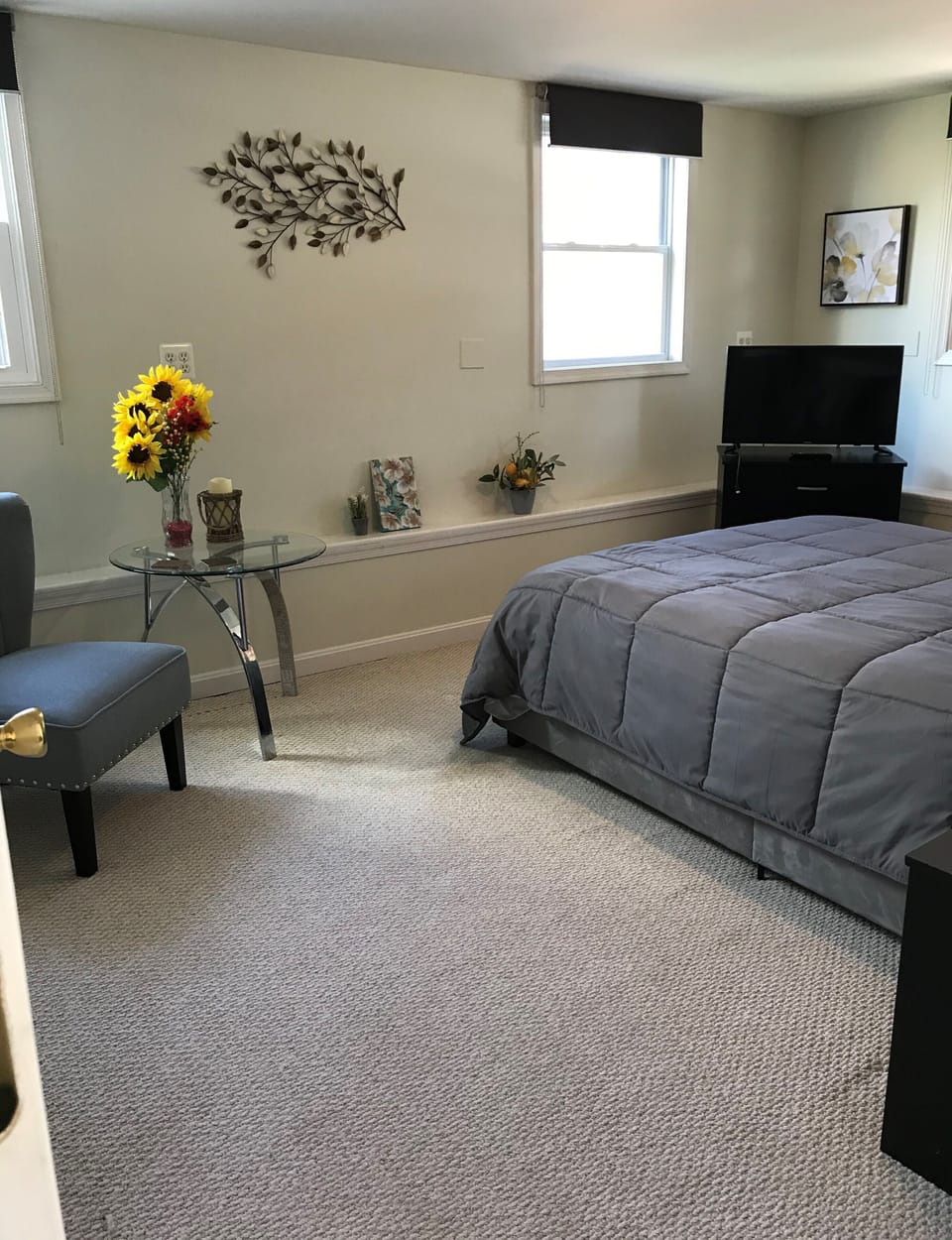 Spacious bedroom with TV and seating area