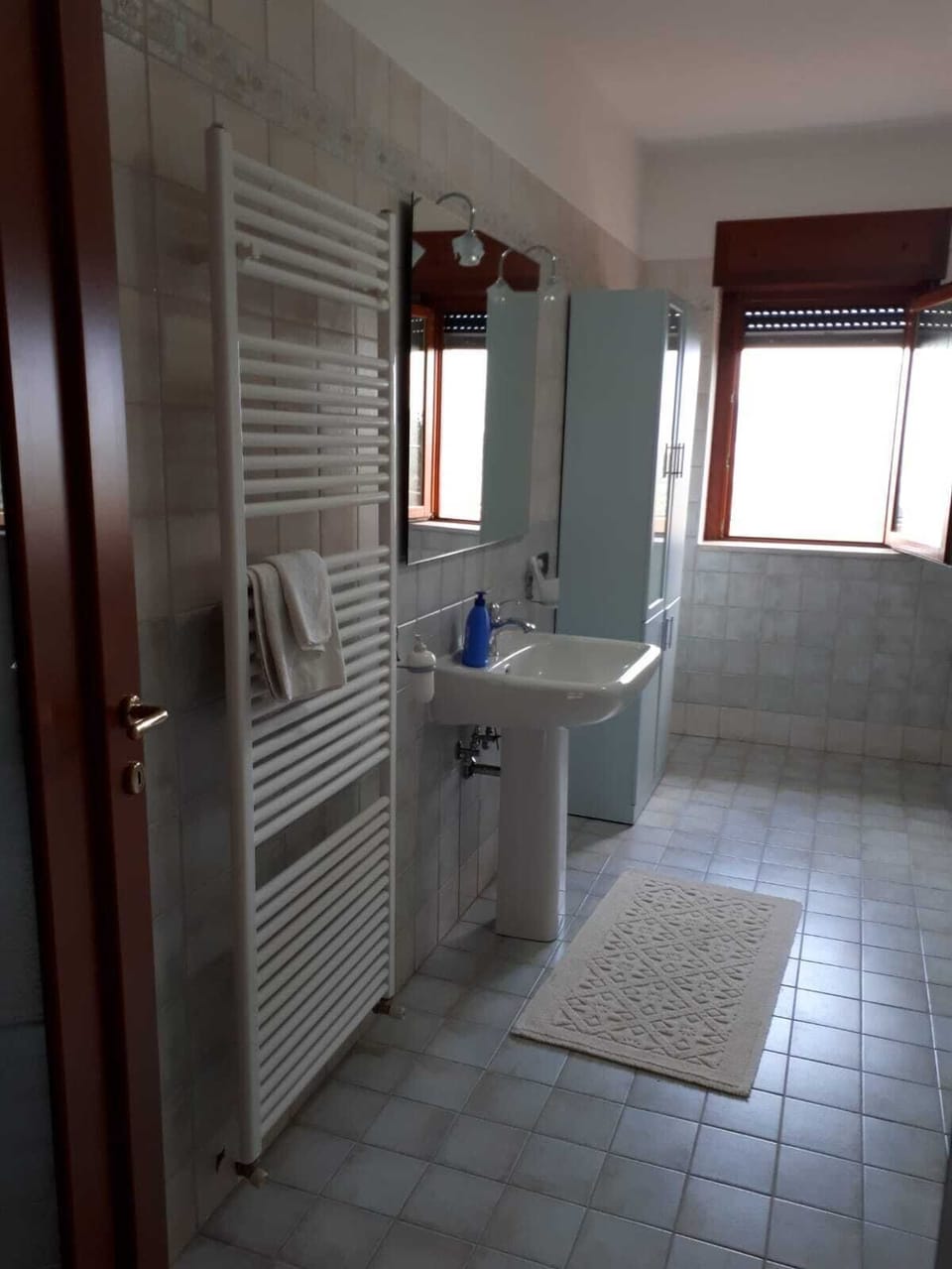 Shower, rainfall showerhead, bidet, towels