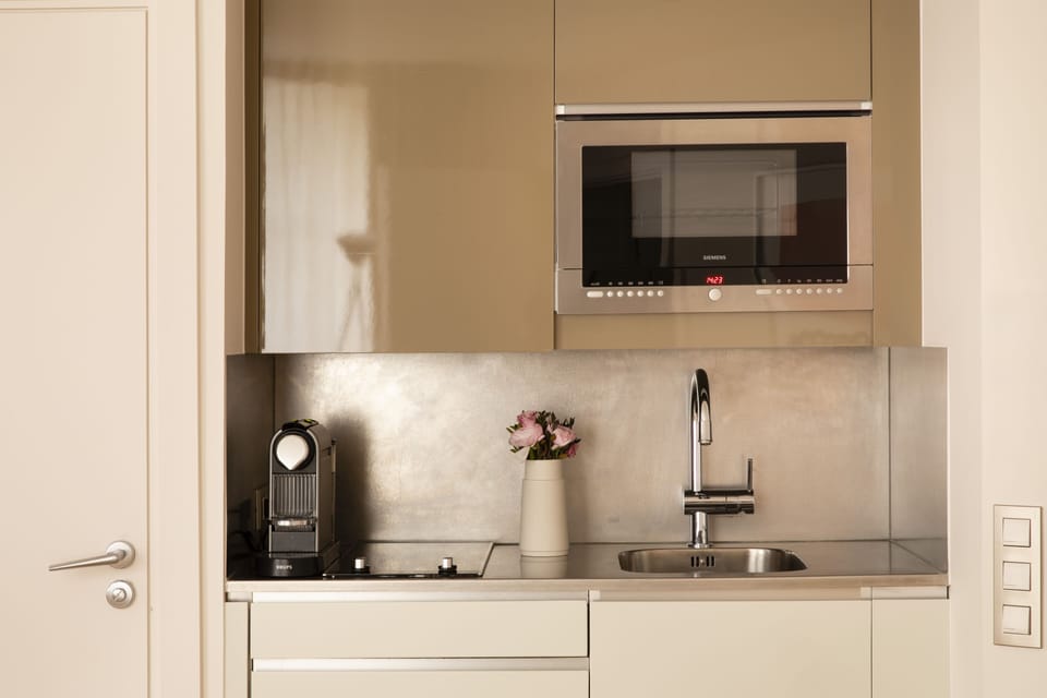Fridge, microwave, stovetop, espresso maker