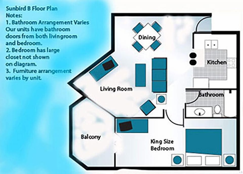 Floor plan of "High Tides" 908E.  See our photos and descriptions for actual furniture and placement