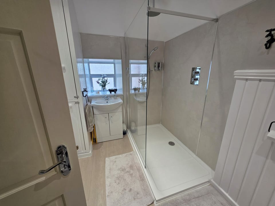 Shower, free toiletries, hair dryer, towels