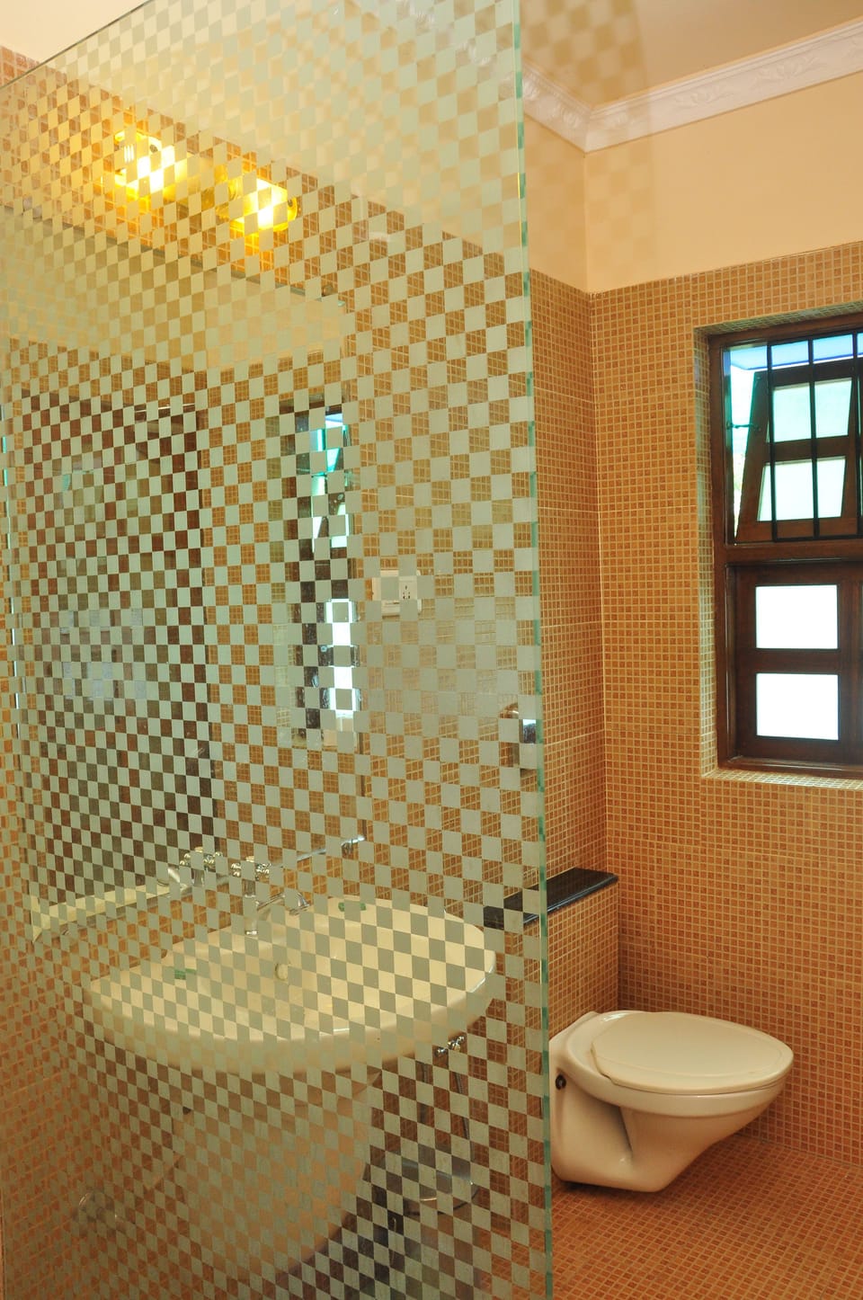 Shower, rainfall showerhead, free toiletries, towels
