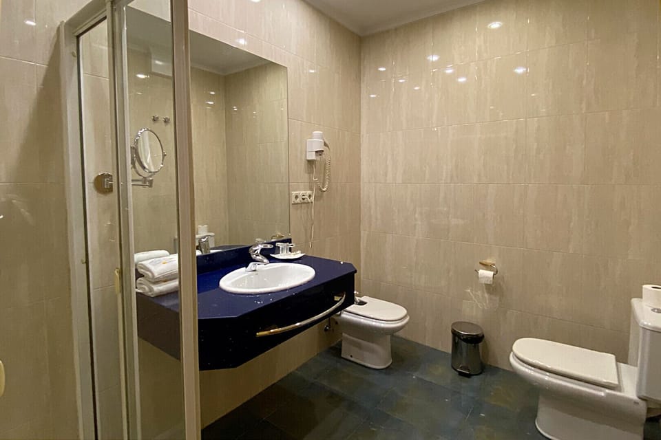 Free toiletries, hair dryer, bidet, towels