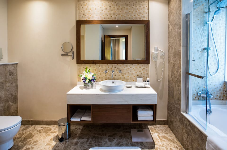 Combined shower/tub, free toiletries, hair dryer, bathrobes