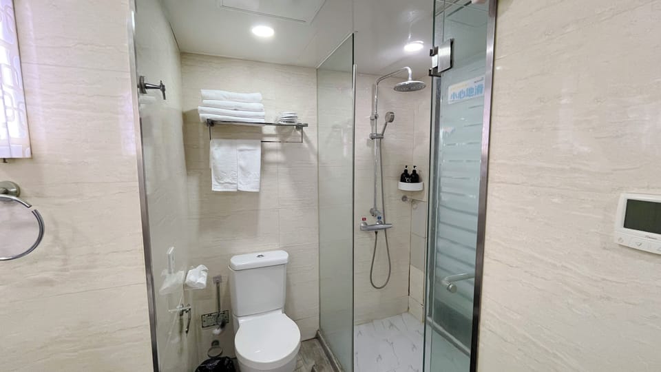 Shower, hydromassage showerhead, free toiletries, hair dryer