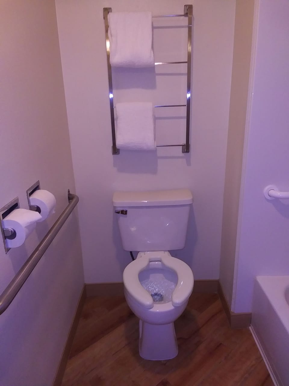 Combined shower/tub, free toiletries, hair dryer, towels