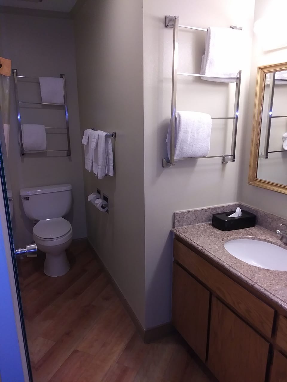 Combined shower/tub, free toiletries, hair dryer, towels