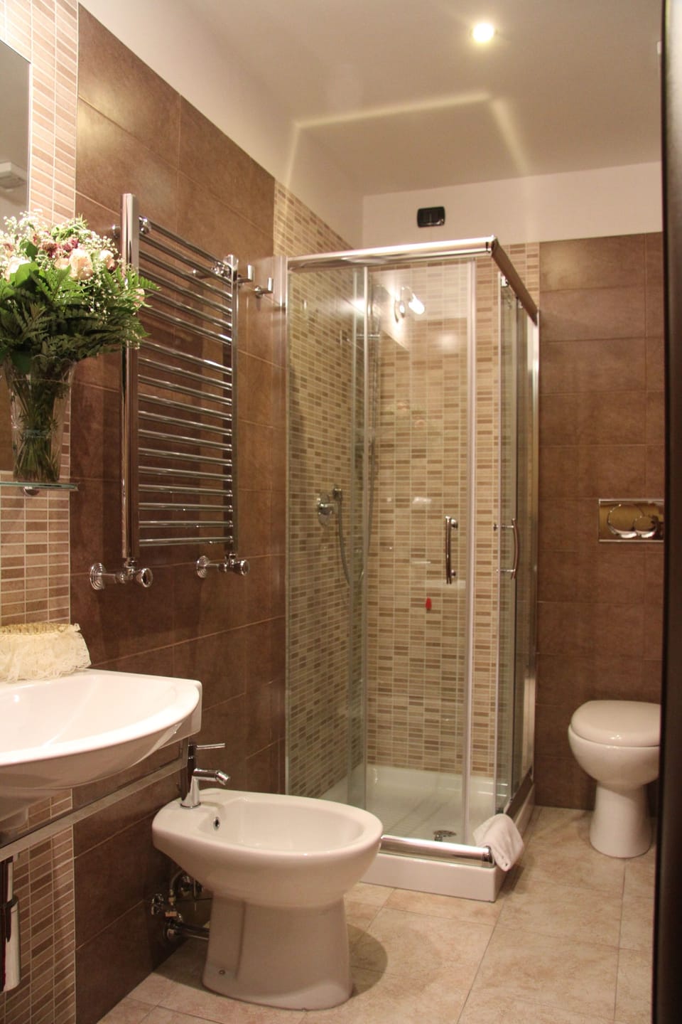 Shower, rainfall showerhead, bidet, towels