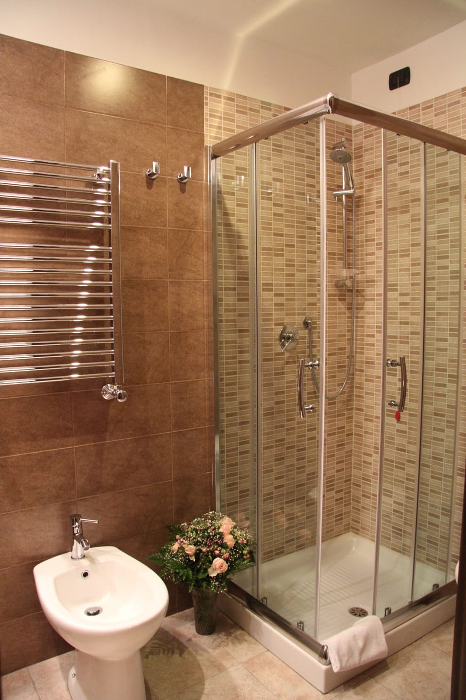 Shower, rainfall showerhead, bidet, towels