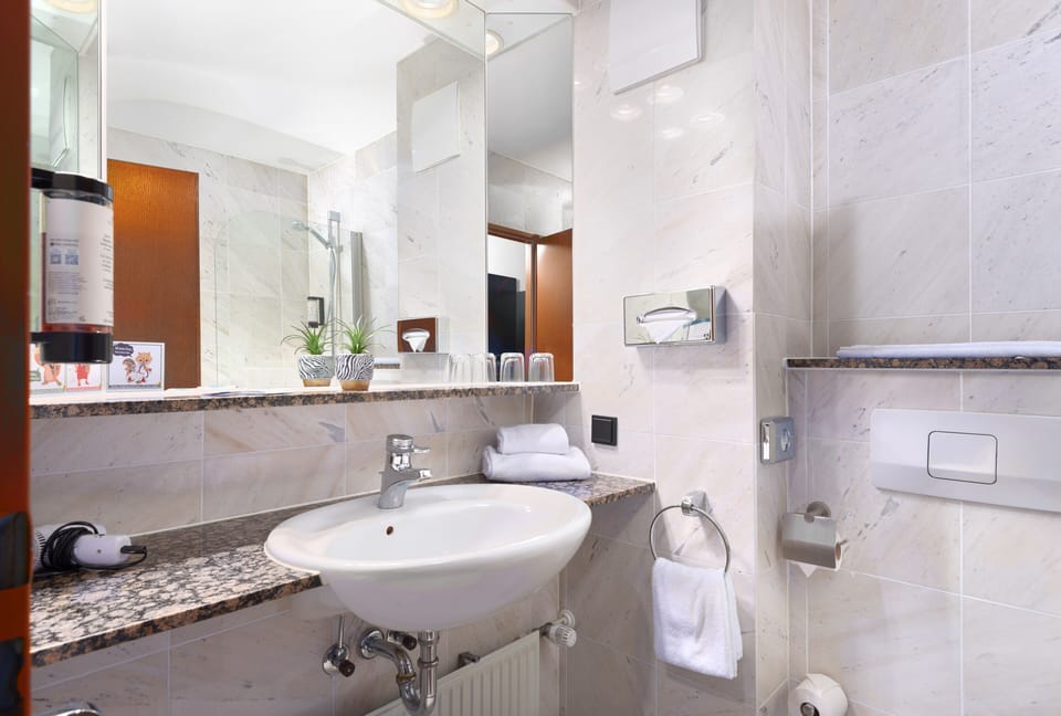 Hair dryer, towels, soap, shampoo