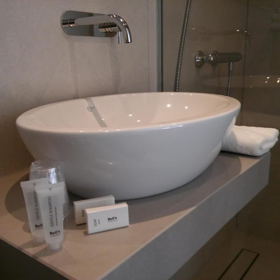 Shower, free toiletries, hair dryer, towels