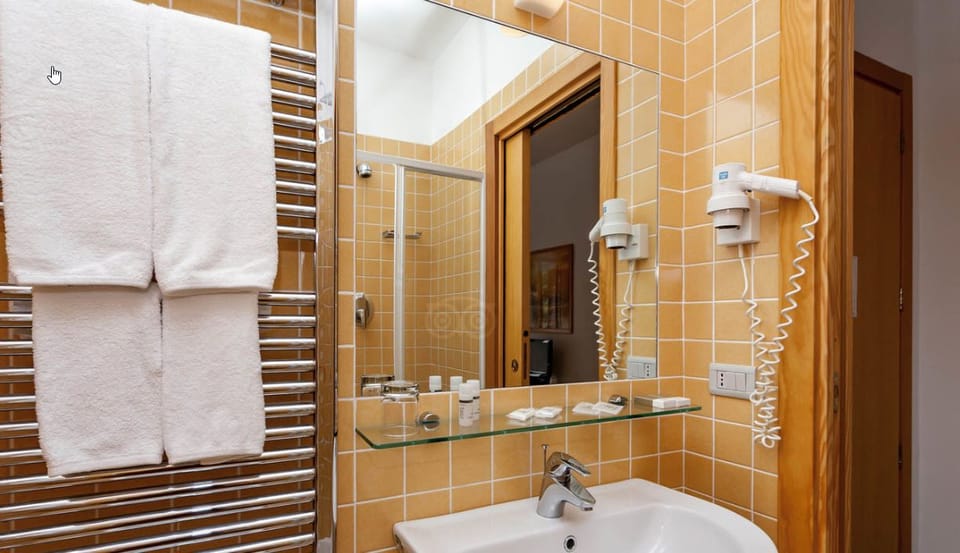 Shower, rainfall showerhead, hair dryer, slippers