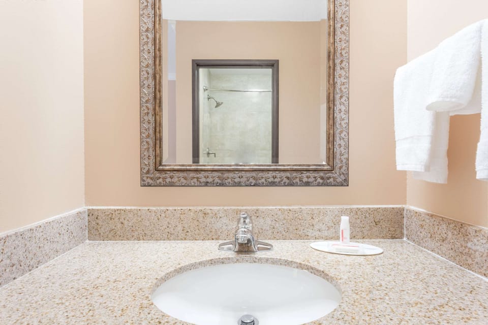 Combined shower/tub, free toiletries, hair dryer, towels