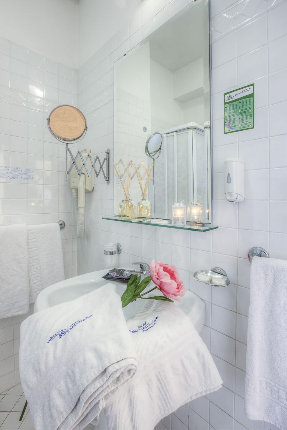 Shower, rainfall showerhead, hair dryer, bathrobes
