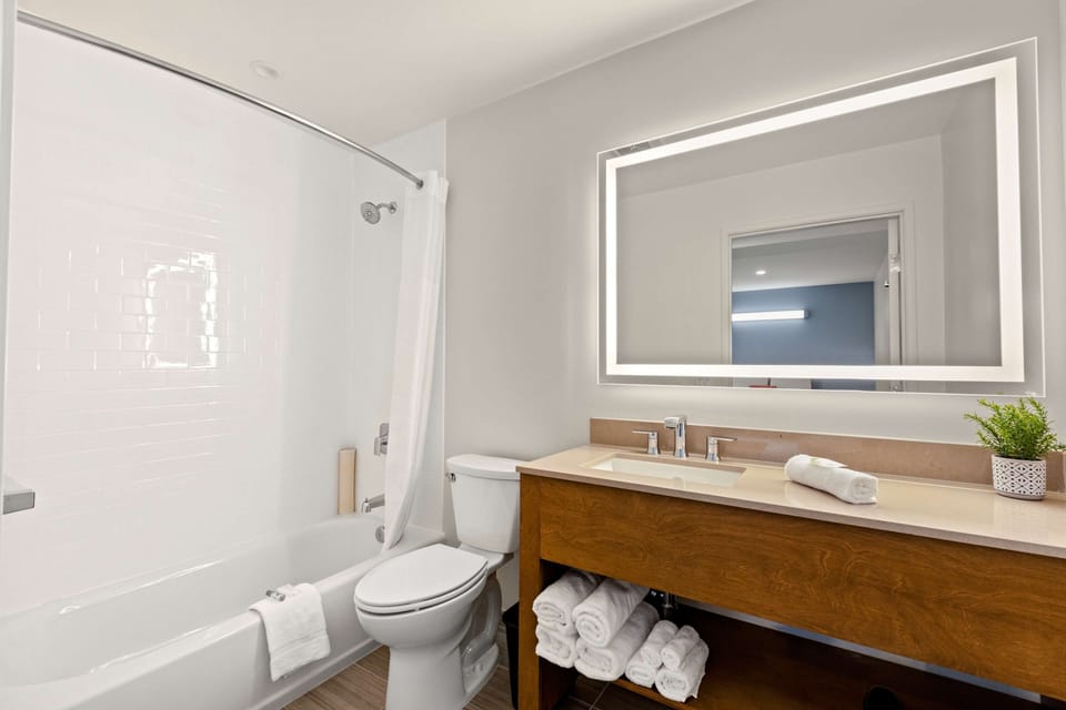 Combined shower/tub, eco-friendly toiletries, hair dryer, towels