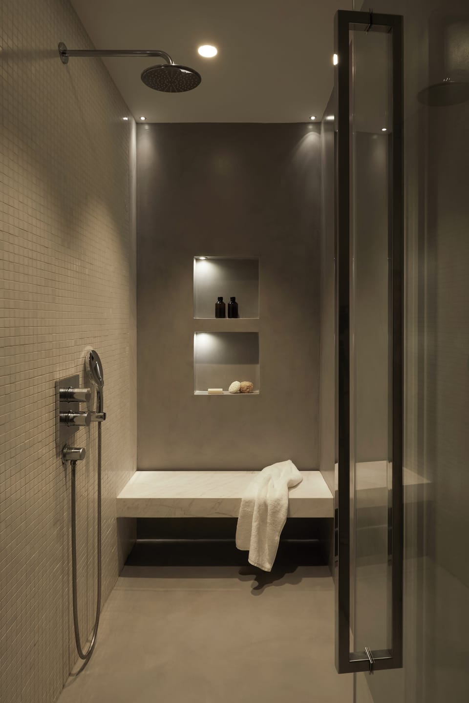 Shower, designer toiletries, hair dryer, bathrobes