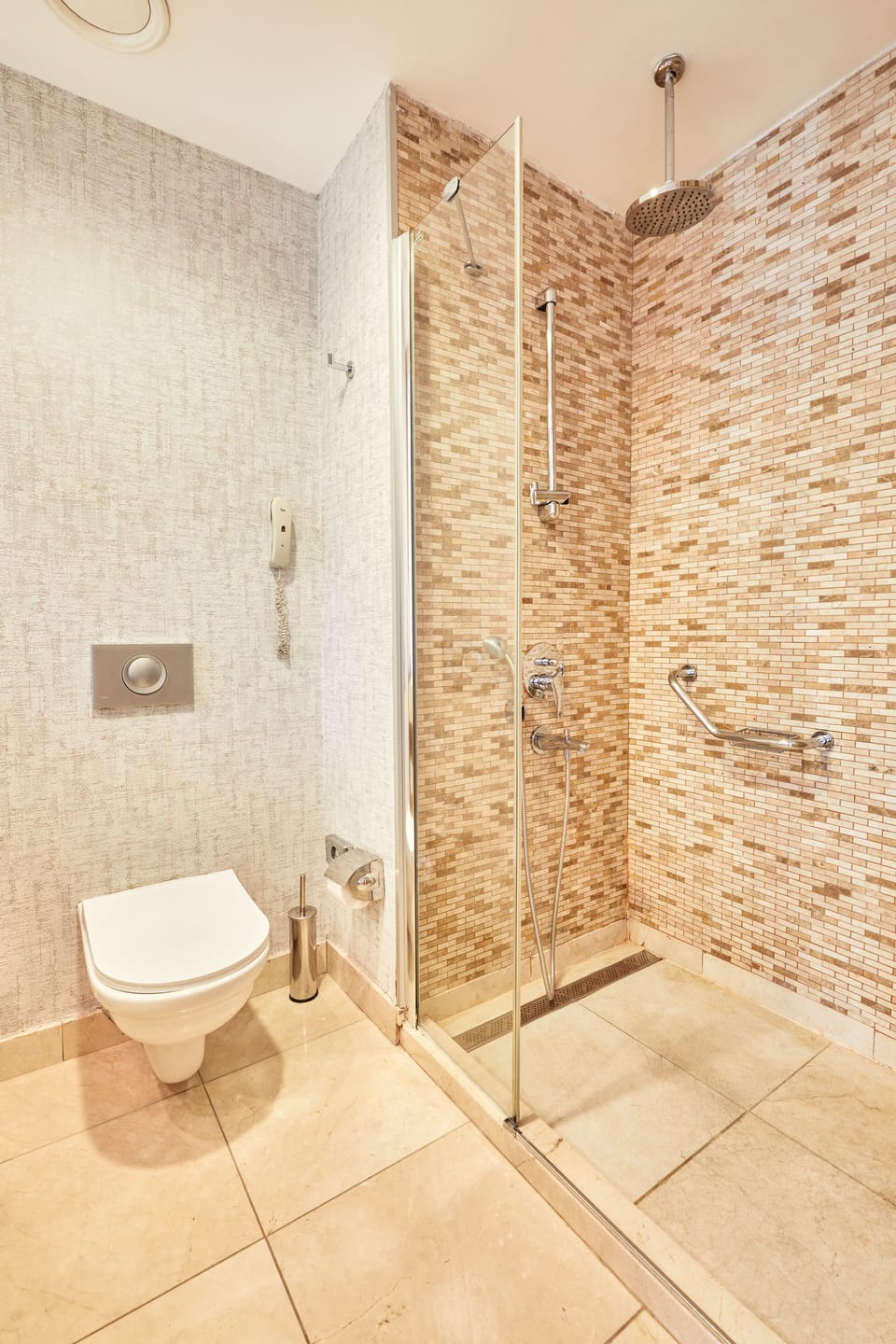Shower, rainfall showerhead, eco-friendly toiletries, hair dryer