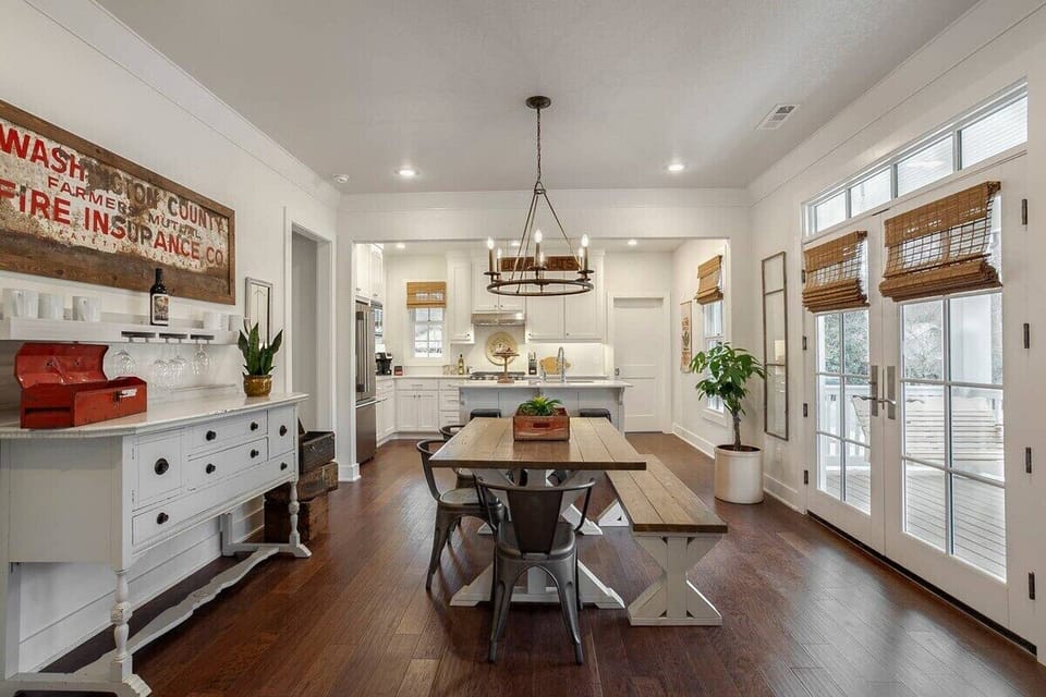 Our living and kitchen are par to none. Featuring a custom handmade kitchen table and bench, a wine/coffee hutch, and our absolute favorites, vintage Fayetteville decor - you've got to see these gems!