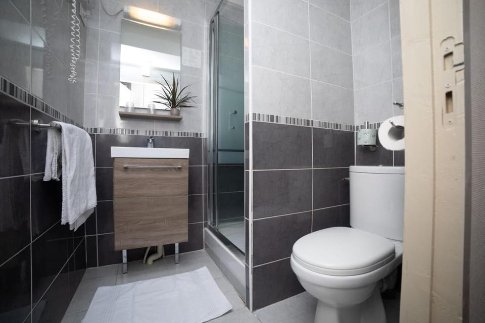 Shower, free toiletries, hair dryer, towels
