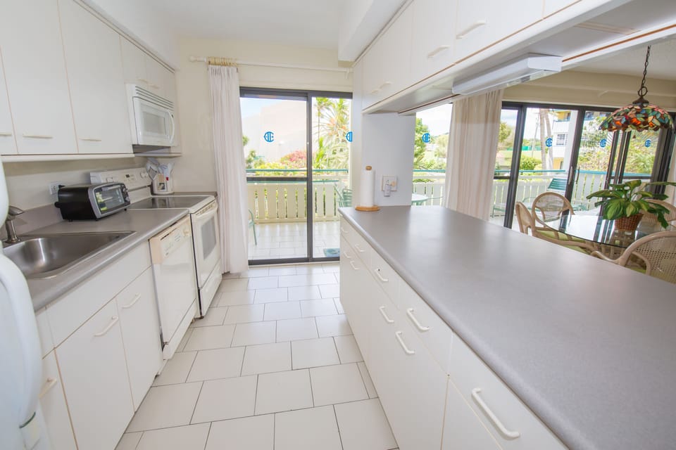 Galley kitchen, island with loads of storage, looking out porch & gardens & pool