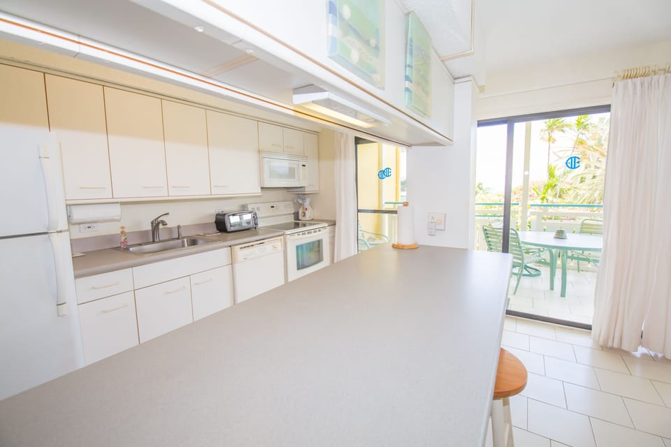 Modern galley Kitchen with large island and work space looking out to the porch 