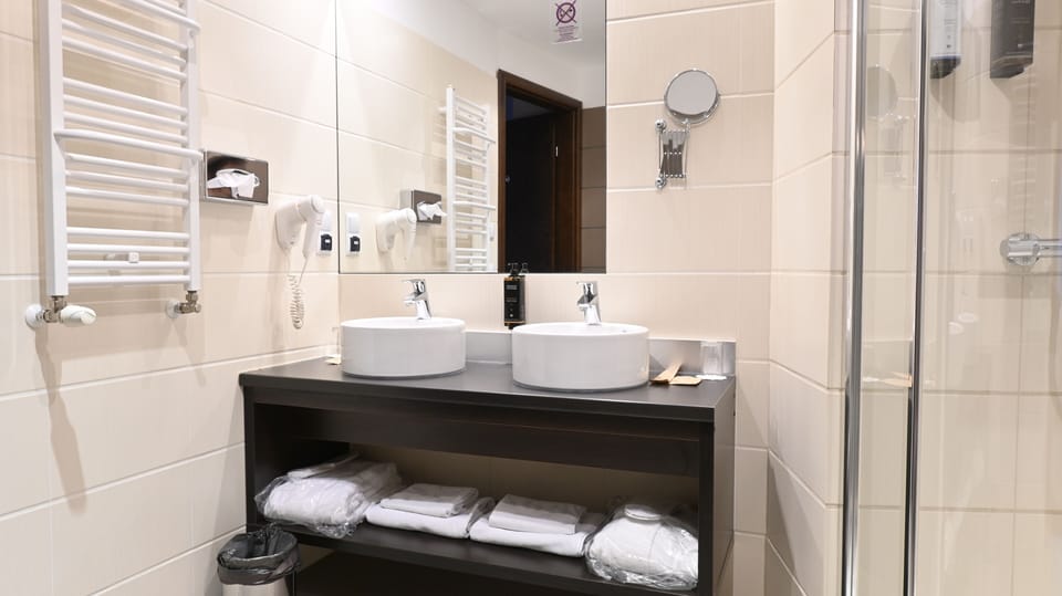 Presidential Studio Suite (204) | Bathroom | Shower, eco-friendly toiletries, hair dryer, towels