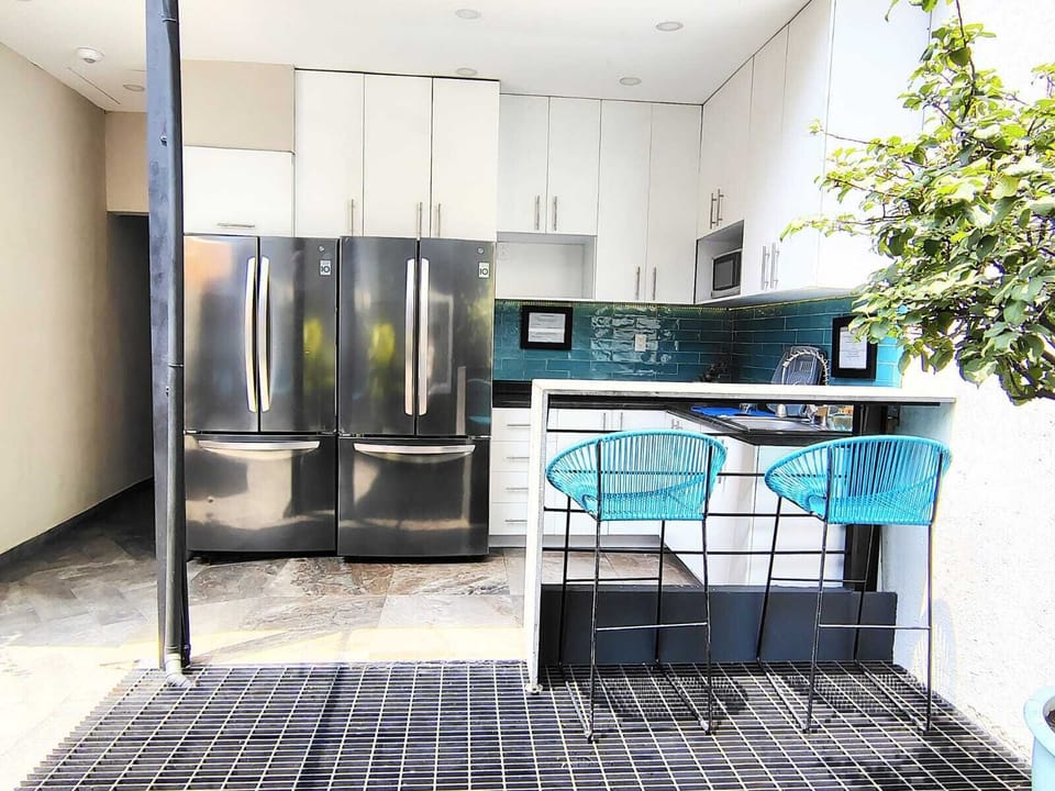 Fridge, microwave, cookware/dishes/utensils