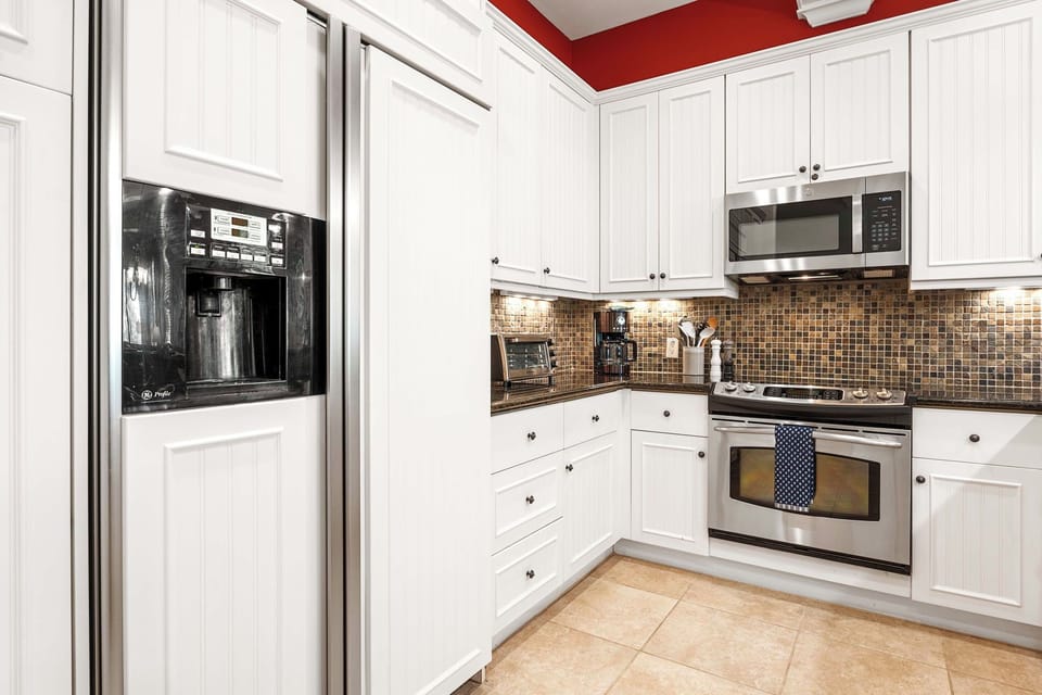 Refrigerator, Coffee Maker and Microwave in the Kitchen