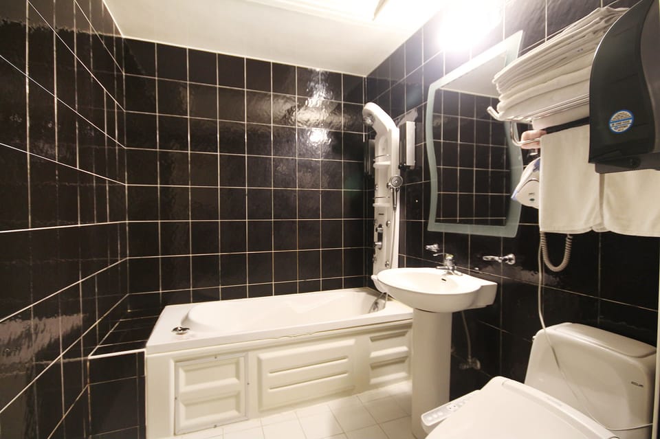 Combined shower/tub, deep soaking tub, free toiletries, hair dryer
