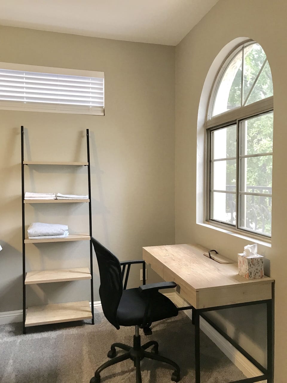 Upstairs work station with desk + shelves if duty calls!